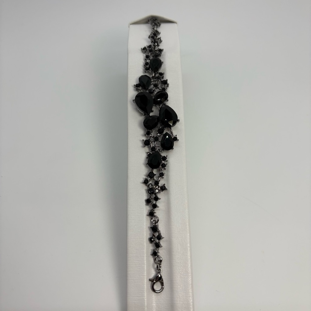 Black Onyx Crystal Rhinestone Teardrop Bridal Party Silver Tone Bracelet